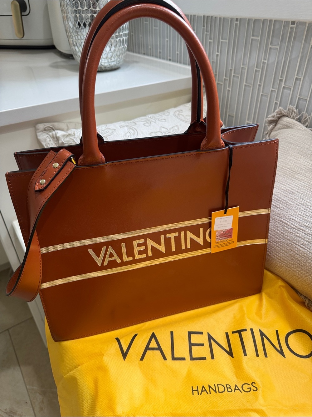 Valentino Brown Leather Tote with Gold Logo Stripes